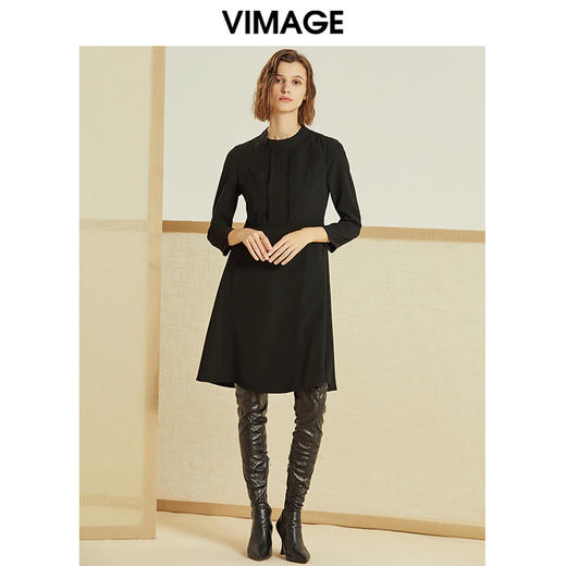 VIMAGE-纬漫纪春款通勤职业纯色百搭收腰显瘦连衣裙女中V1207847 商品图2