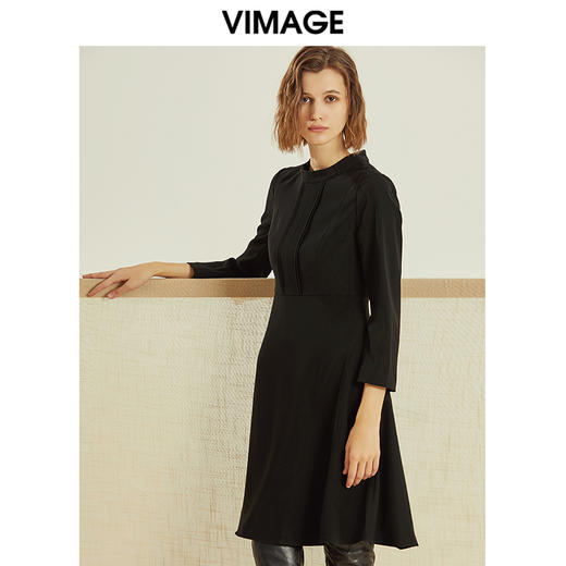 VIMAGE-纬漫纪春款通勤职业纯色百搭收腰显瘦连衣裙女中V1207847 商品图1