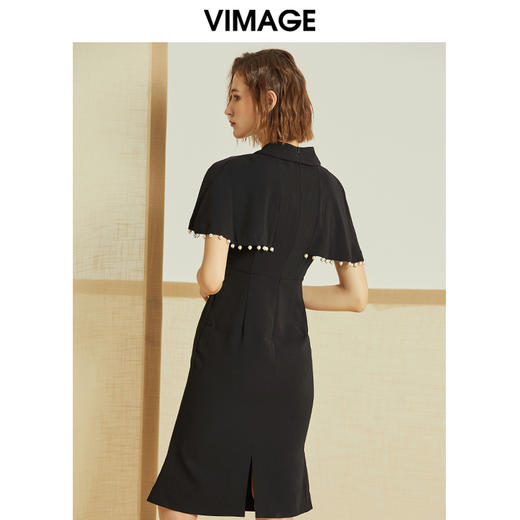VIMAGE纬漫纪春季新款钉珠流苏斗篷肩修身鱼尾摆年会礼服裙女V1277808 商品图3