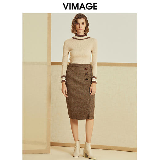 VIMAGE纬漫纪春款通勤百搭时尚撞色高领针织打底衫女套头V1201807 商品图1