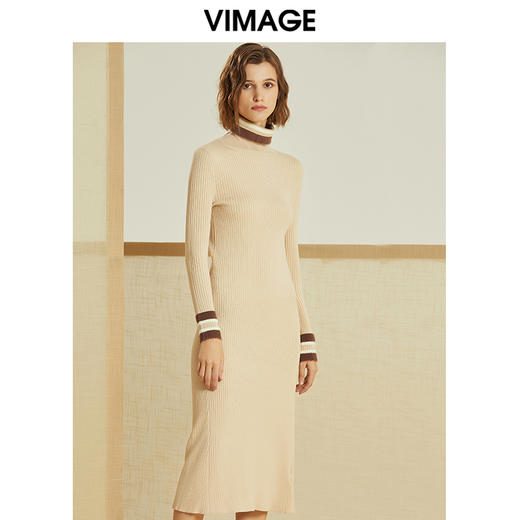 VIMAGE纬漫纪春款时尚通勤修身显瘦高领针织连衣裙女长款V1201808 商品图2