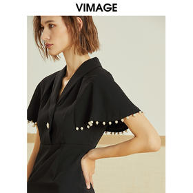 VIMAGE纬漫纪春季新款钉珠流苏斗篷肩修身鱼尾摆年会礼服裙女V1277808