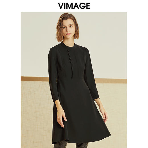 VIMAGE-纬漫纪春款通勤职业纯色百搭收腰显瘦连衣裙女中V1207847 商品图0