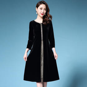 DYSL-Q5336新款高档简约大码丝绒钉珠拼接假两件连衣裙