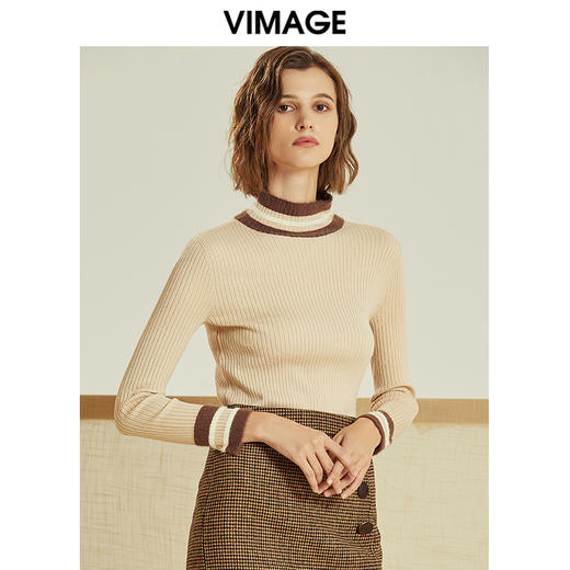 VIMAGE纬漫纪春款通勤百搭时尚撞色高领针织打底衫女套头V1201807 商品图2