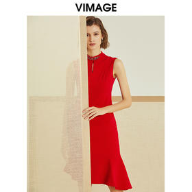 VIMAGE纬漫纪春季新款精致半高领修身荷叶摆无袖礼服裙女红裙V1277807