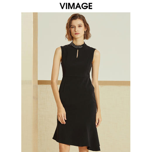 VIMAGE纬漫纪春季新款精致半高领修身荷叶摆无袖礼服裙女红裙V1277807 商品图1