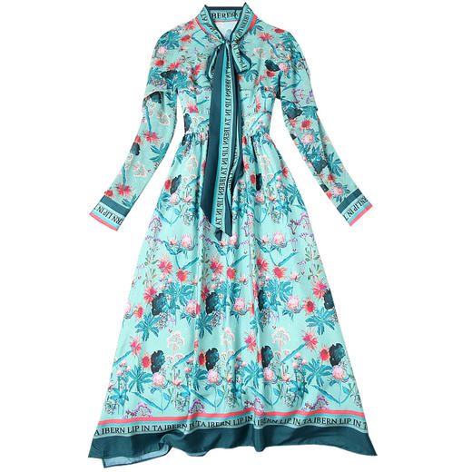 LYY-T10509新款字母系带领高腰荷叶边雪纺开叉印花连衣裙 商品图4