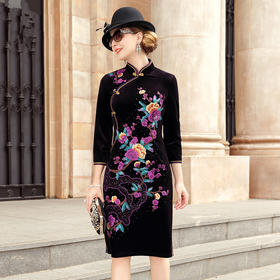 MY-69138新款丝绒国风复古立领刺绣连衣裙