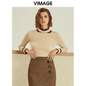 VIMAGE纬漫纪春款通勤百搭时尚撞色高领针织打底衫女套头V1201807