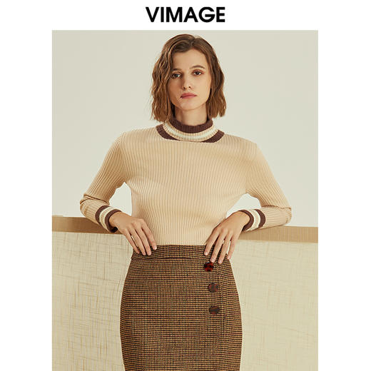 VIMAGE纬漫纪春款通勤百搭时尚撞色高领针织打底衫女套头V1201807 商品图0