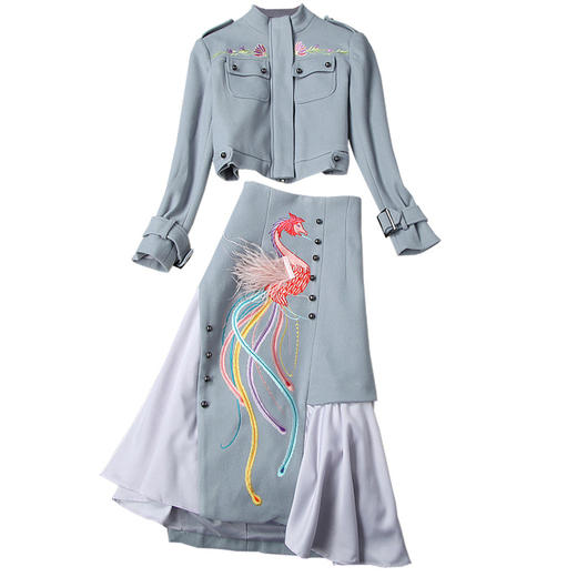 LYY-T10440立领拉链毛呢短款外套+不规则刺绣半身裙套装 商品图4