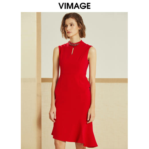 VIMAGE纬漫纪春季新款精致半高领修身荷叶摆无袖礼服裙女红裙V1277807 商品图2