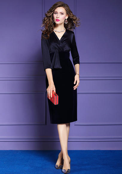 FMY-27379新款时尚气质修身女神范V领中长款包臀裙 商品图0