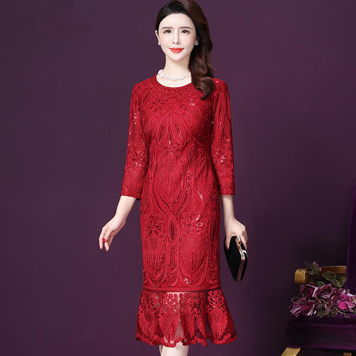 WXY-6109X新款圆领红色拜年盘花主持礼服裙 商品图0