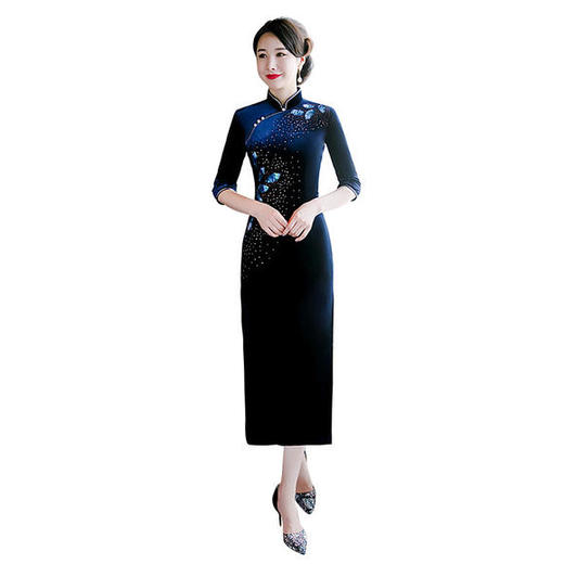 QQ-9577复古改良丝绒刺绣中长款烫钻旗袍礼服 商品图4