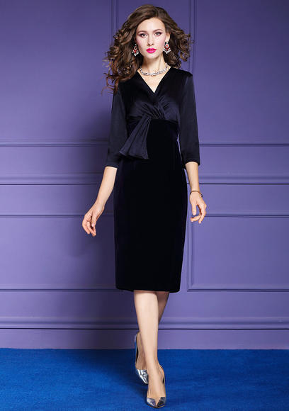 FMY-27379新款时尚气质修身女神范V领中长款包臀裙 商品图1