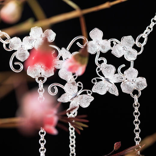 非遗花丝银饰项链原创设计古风百搭蝴蝶丁香花丝银s925银吊坠项链配饰