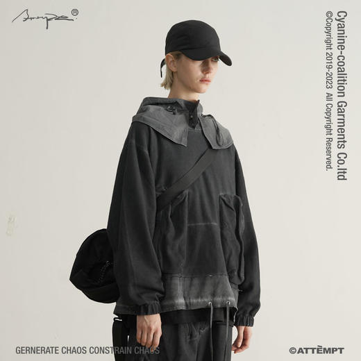 ATTEMPT 19AW-KNT1001 脏染拼接立体口袋分割毛边处理连帽卫衣 商品图2