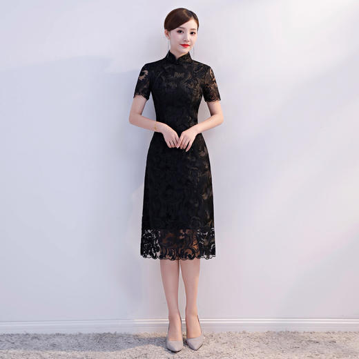 TZM-330新款优雅中国风蕾丝中长款礼服连衣裙 商品图0