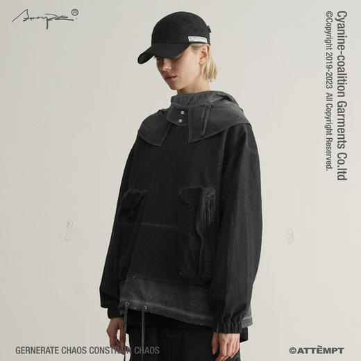 ATTEMPT 19AW-KNT1001 脏染拼接立体口袋分割毛边处理连帽卫衣 商品图0