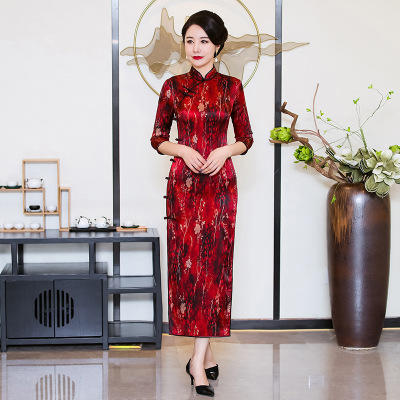 WXG-ZS18111长新款中袖大码桑蚕丝印花真丝旗袍 商品图1