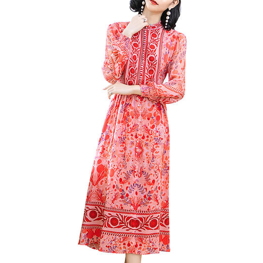 NYT-K006新款中年立领长袖高腰气质印花双绉真丝连衣裙 商品图4