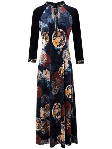 FMY-27864新款复古优雅时尚丝绒印花修身连衣裙 商品图4