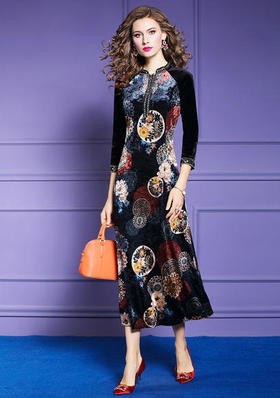 FMY-27864新款复古优雅时尚丝绒印花修身连衣裙