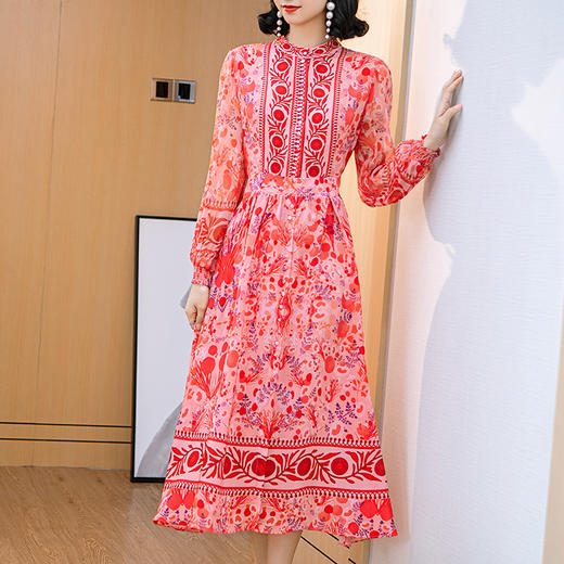 NYT-K006新款中年立领长袖高腰气质印花双绉真丝连衣裙 商品图0