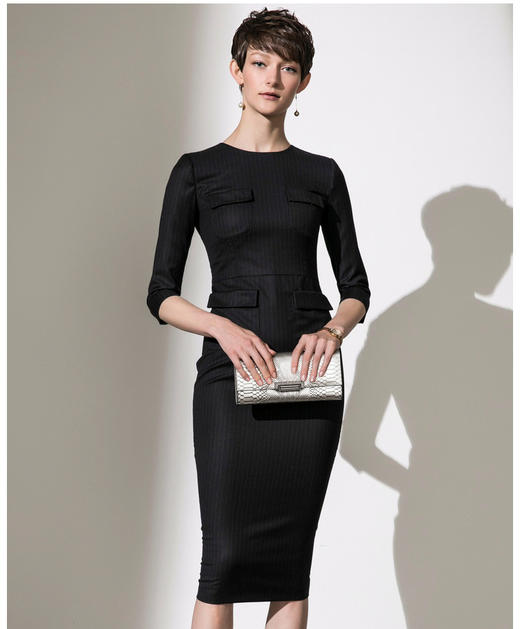 J9383870A颈袖添香2019冬季新款羊毛时尚七分袖口袋修身显瘦包臀连衣裙女J9383870A 商品图1