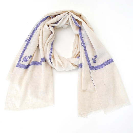 100cm宽 米白色 边绣 克什米尔pashmina羊绒围巾 - 1