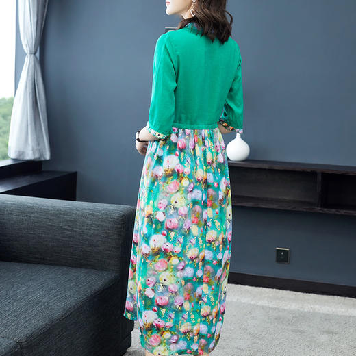 NYT-2026新款气质五分袖立领苎麻连衣裙复古印花显瘦中长裙 商品图3