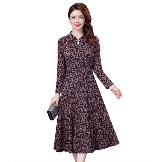 YM-8295新款复古气质妈妈中年显瘦收腰印花长袖连衣裙 商品图4