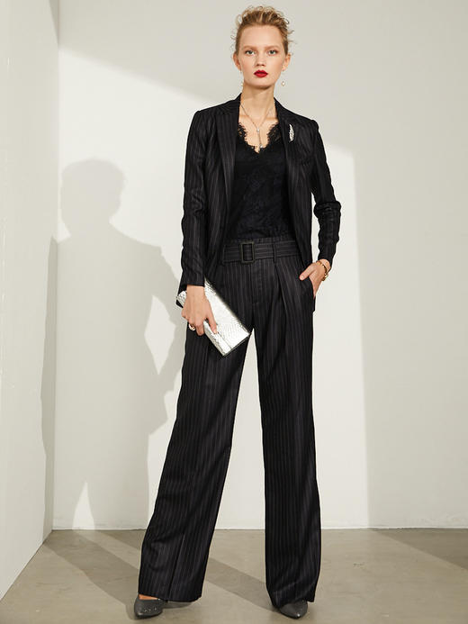 J83A3395颈袖添香冬季羊毛条纹OL气质职业装女士小西装裤套装时尚正装J83A3395 商品图0