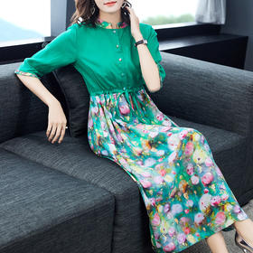 NYT-2026新款气质五分袖立领苎麻连衣裙复古印花显瘦中长裙