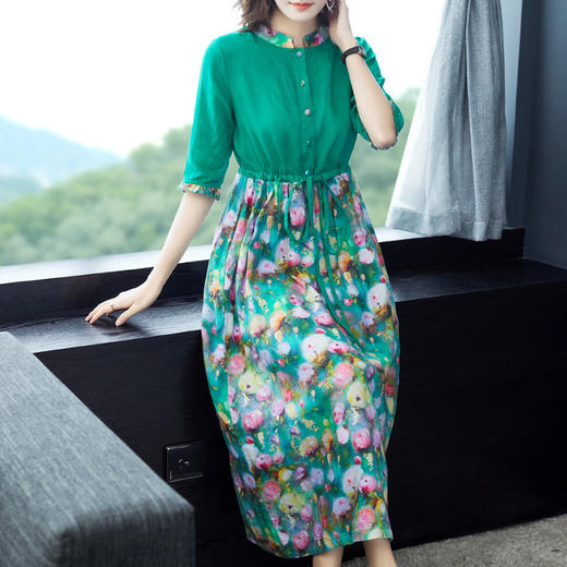 NYT-2026新款气质五分袖立领苎麻连衣裙复古印花显瘦中长裙 商品图1