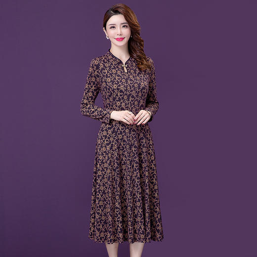YM-8295新款复古气质妈妈中年显瘦收腰印花长袖连衣裙 商品图2