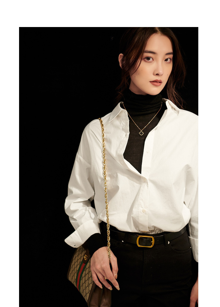 31260401160支纯棉府绸白衬衫女叠穿衬衣港风白色衬衫女春装新款白