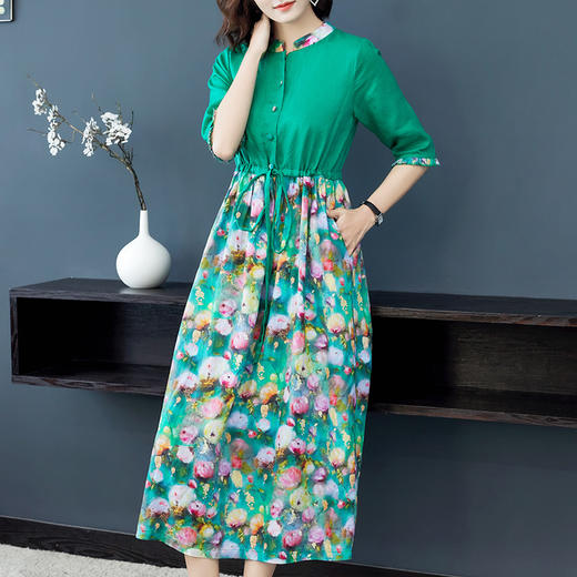 NYT-2026新款气质五分袖立领苎麻连衣裙复古印花显瘦中长裙 商品图2