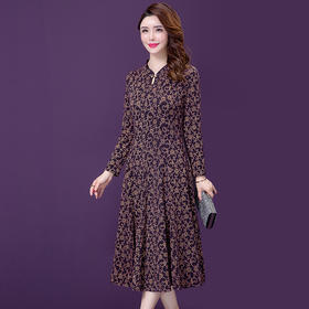 YM-8295新款复古气质妈妈中年显瘦收腰印花长袖连衣裙