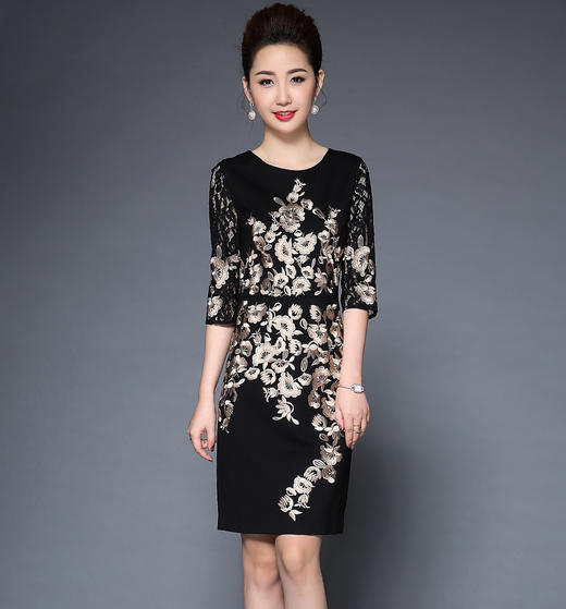 TQ-H8886新款时尚高端气质显瘦刺绣妈妈装连衣裙 商品图0