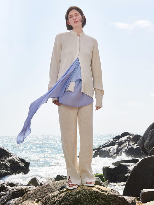 HIDEMI 懒人必备/奶昔白肌理感亚麻套装 圆领衬衫/垂直感侧开衩长裤 商品图4