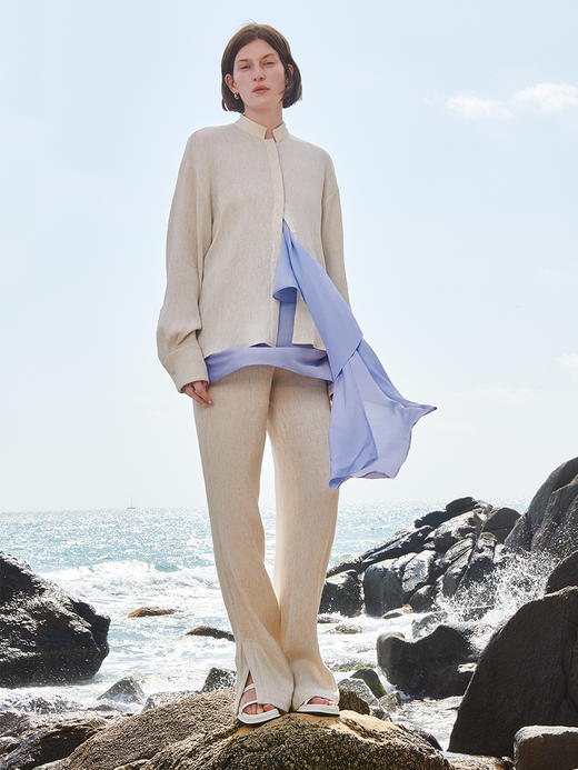 HIDEMI 懒人必备/奶昔白肌理感亚麻套装 圆领衬衫/垂直感侧开衩长裤 商品图0