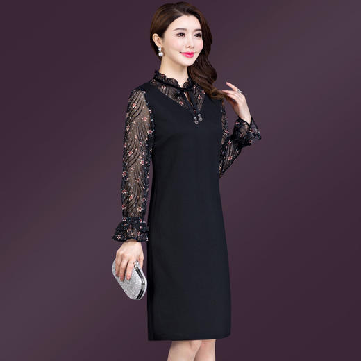 YM-8165新款时尚韩版大码修身裙雪纺碎花中长款连衣裙 商品图4