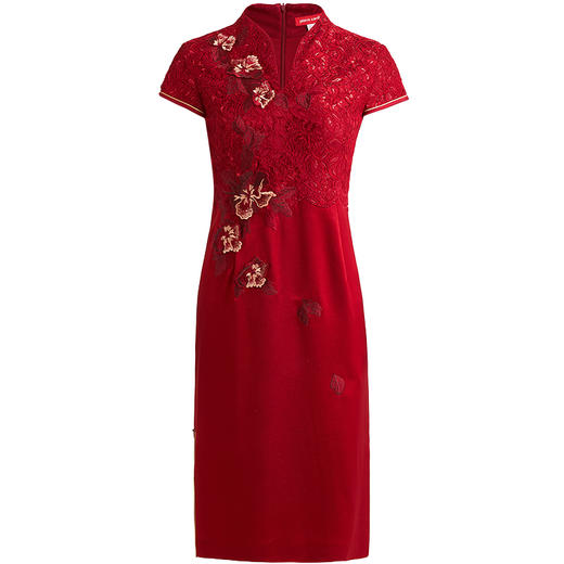 皮尔卡丹女夏季新款红色绣花旗袍一步裙气质连衣裙P82DS07R0
 商品图4