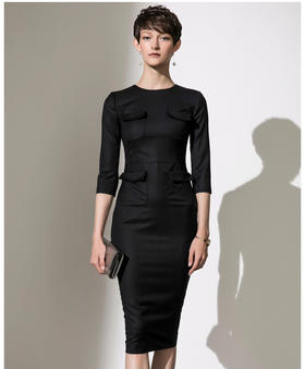 J9383870A颈袖添香2019冬季新款羊毛时尚七分袖口袋修身显瘦包臀连衣裙女J9383870A