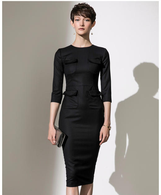 J9383870A颈袖添香2019冬季新款羊毛时尚七分袖口袋修身显瘦包臀连衣裙女J9383870A 商品图0