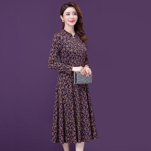 YM-8295新款复古气质妈妈中年显瘦收腰印花长袖连衣裙 商品图3