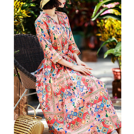 KDS-1142休闲度假高端棉麻印花裙V领绑带收腰修身苎麻连衣裙 商品图1